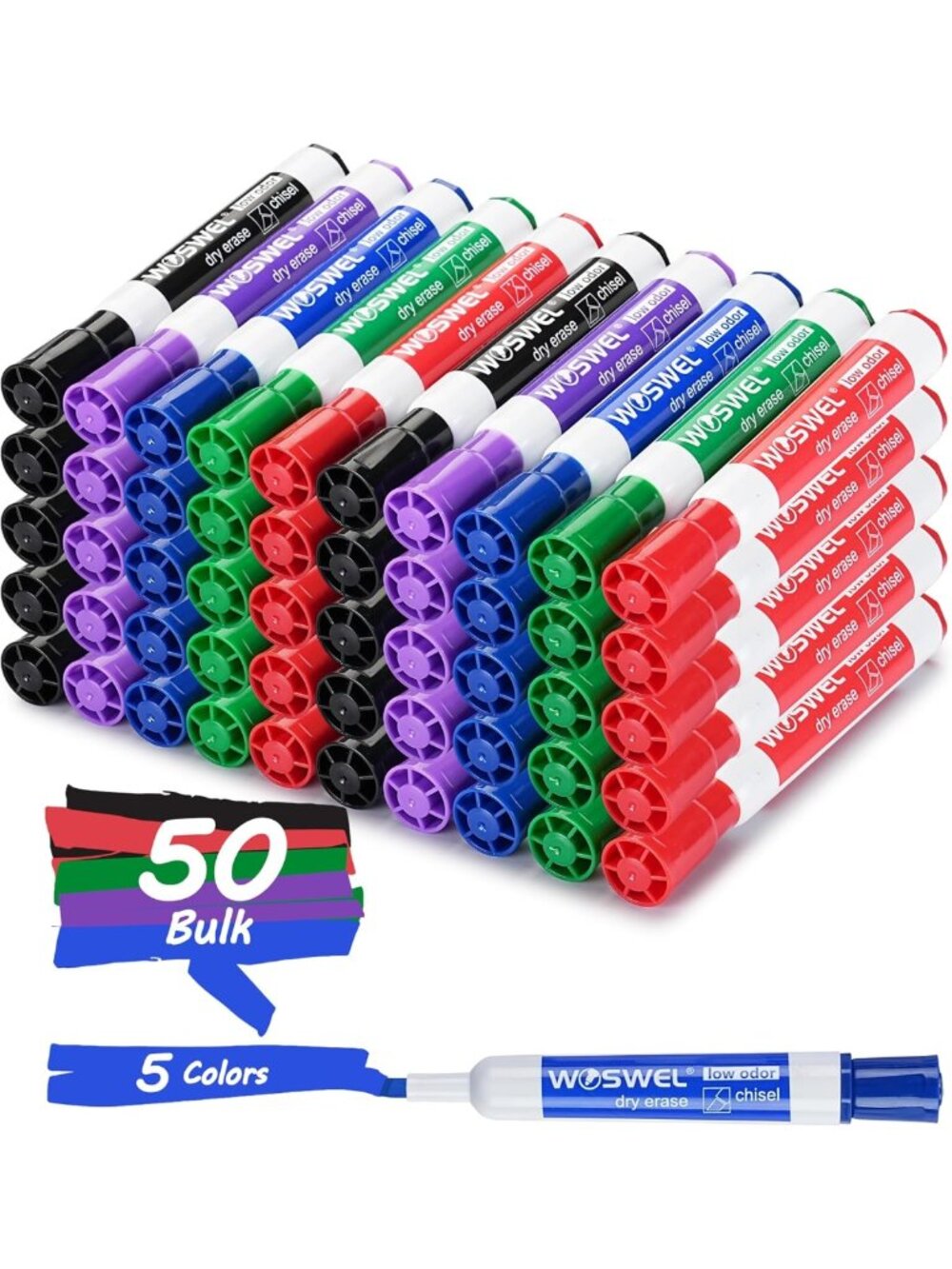 Bulk Dry Erase Markers Set - Chisel Tip, Low Odor, 5 Colors for Classroom